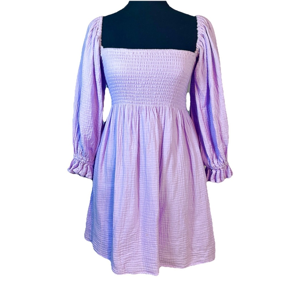 Kourt Smocked Gauze Dress Womens‎ Small Puff Sleeve Mini Cotton Boho Purple S